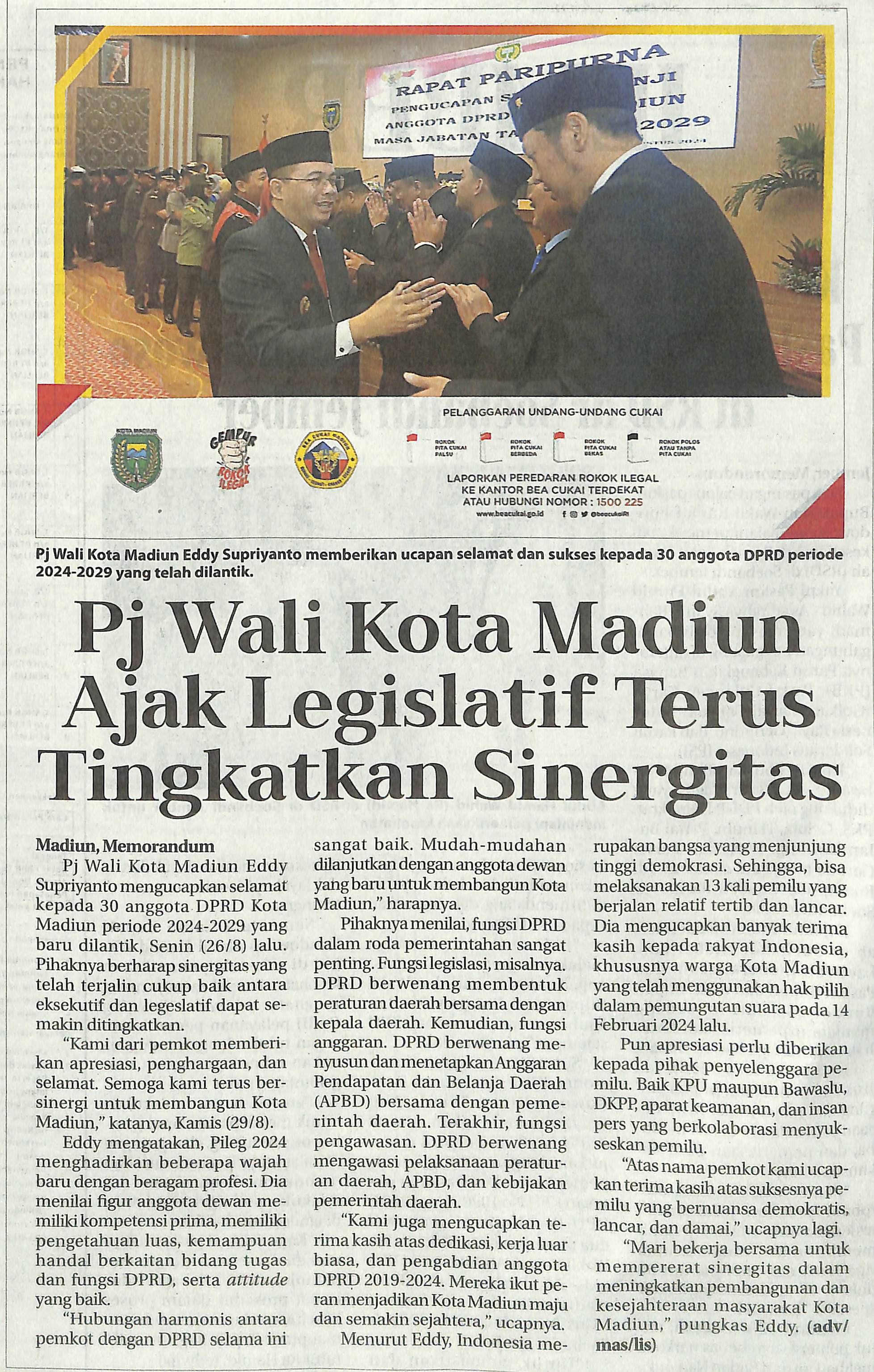 Pj Wali Kota Madiun Ajak Legislatif Terus Tingkatkan Sinergitas