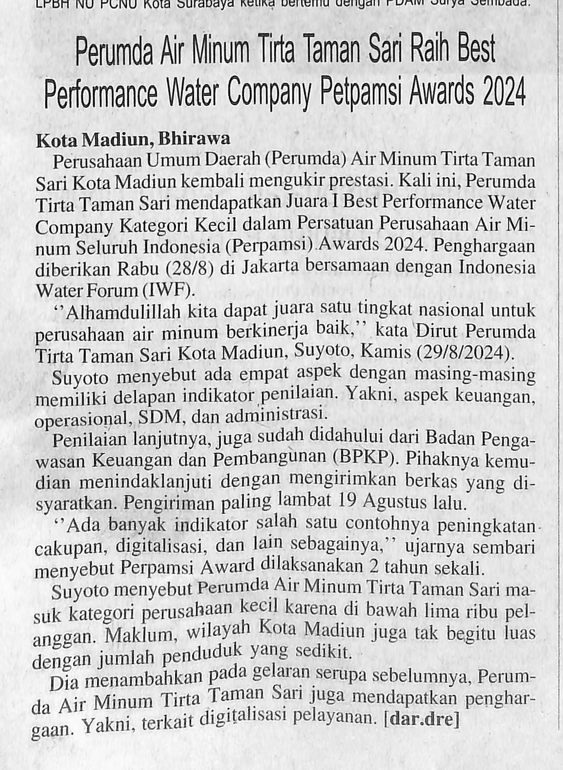 Perumda Air Minum Tirta Taman Sari Raih Best Performance Water Compani Petpamsi Award 2024