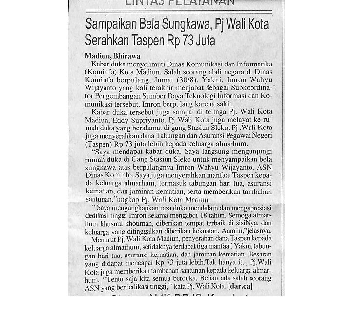 Sampaikan Bela Sungkawa, Pj Wali Kota Serahkan Taspen 73 Juta