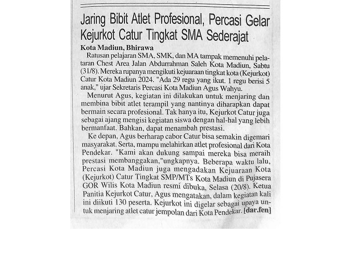 Jaring Bibit Atlet Profesional, Percasi Gelar Kejurkot Catur Tingkat SMA Sederajat