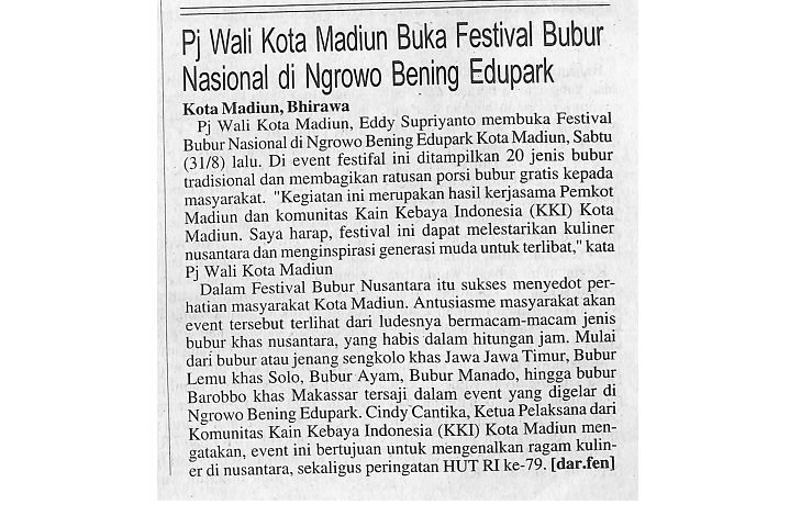 Pj Wali Kota Madiun Buka Festival Bubur Nasional di Ngrowo Bening Edupark