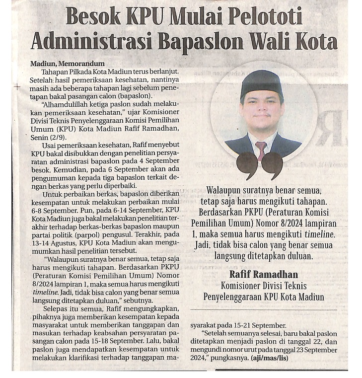Besok KPU Mulai Pelototi Administrasi Bapaslon Wali Kota