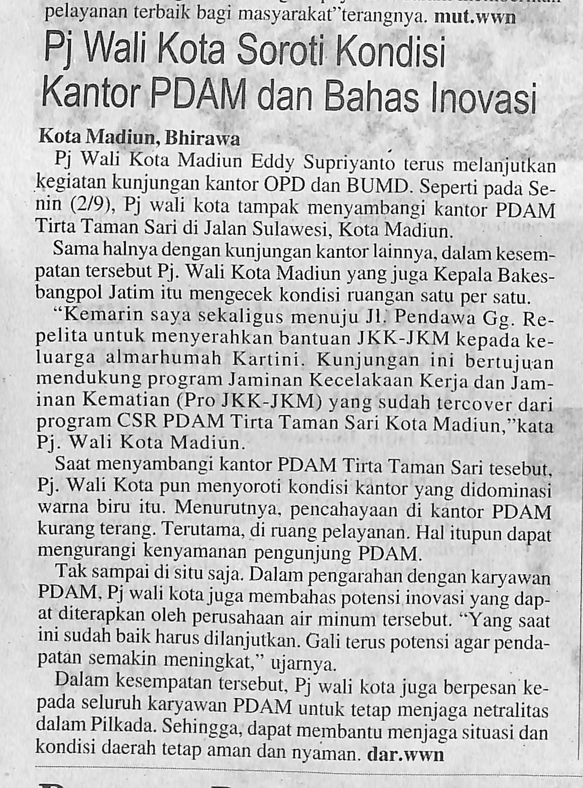 PJ Wali Kota Soroti Kondisi Kantor PDAM dan Bahas Inovasi