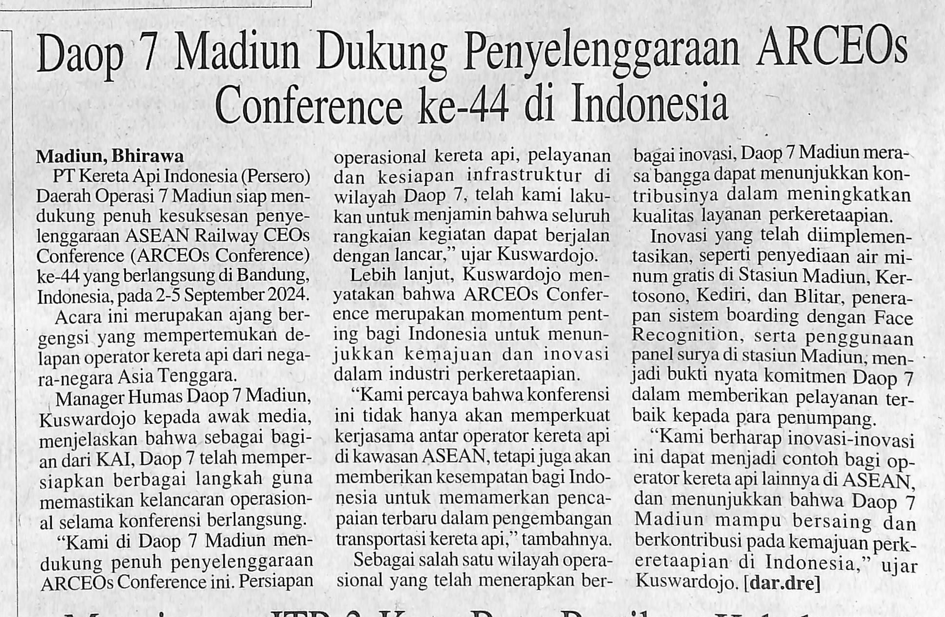 Daop 7 Madiun Dukung Penyelenggaraan ARCEOs Conference ke-44 di Indonesia