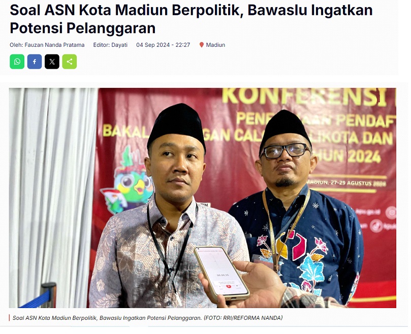 Soal ASN Kota Madiun Berpolitik, Bawaslu Ingatkan Potensi Pelanggaran
