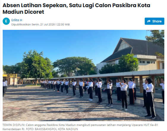 Absen Latihan Sepekan, Satu Lagi Calon Paskibra Kota Madiun Dicoret