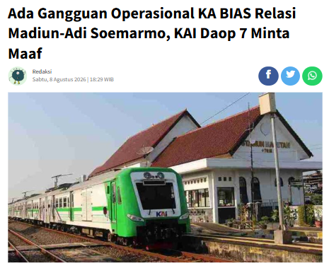 Ada Gangguan Operasional KA BIAS Relasi Madiun-Adi Soemarmo, KAI Daop 7 Minta Maaf