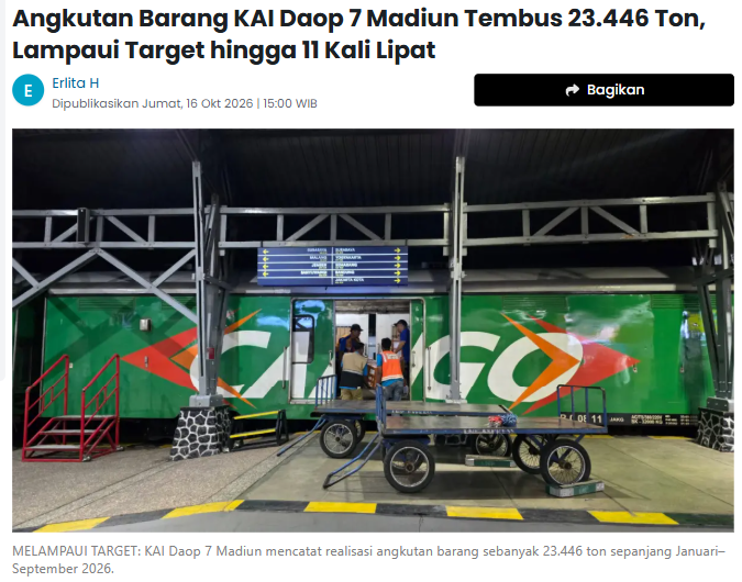 Advertisement Advertisement  Kota Madiun Angkutan Barang KAI Daop 7 Madiun Tembus 23.446 Ton, Lampaui Target hingga 11 Kali Lipat