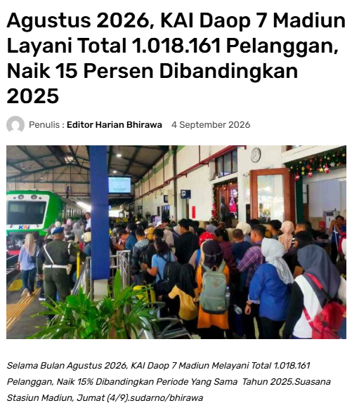 Agustus 2026, KAI Daop 7 Madiun Layani Total 1.018.161 Pelanggan, Naik 15 Persen Dibandingkan 2025