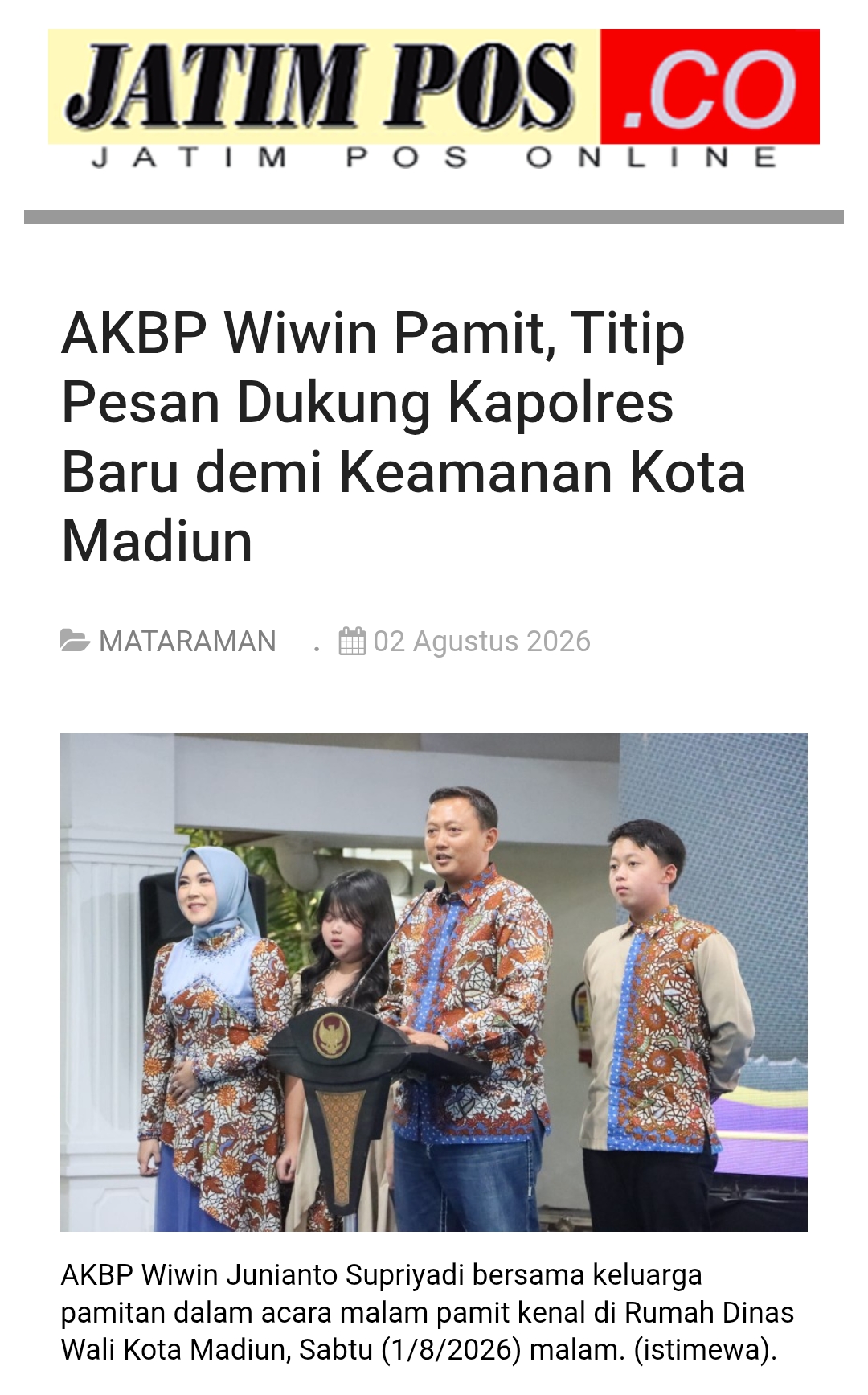AKBP Wiwin Pamit, Titip Pesan Dukung Kapolres Baru demi Keamanan Kota Madiun