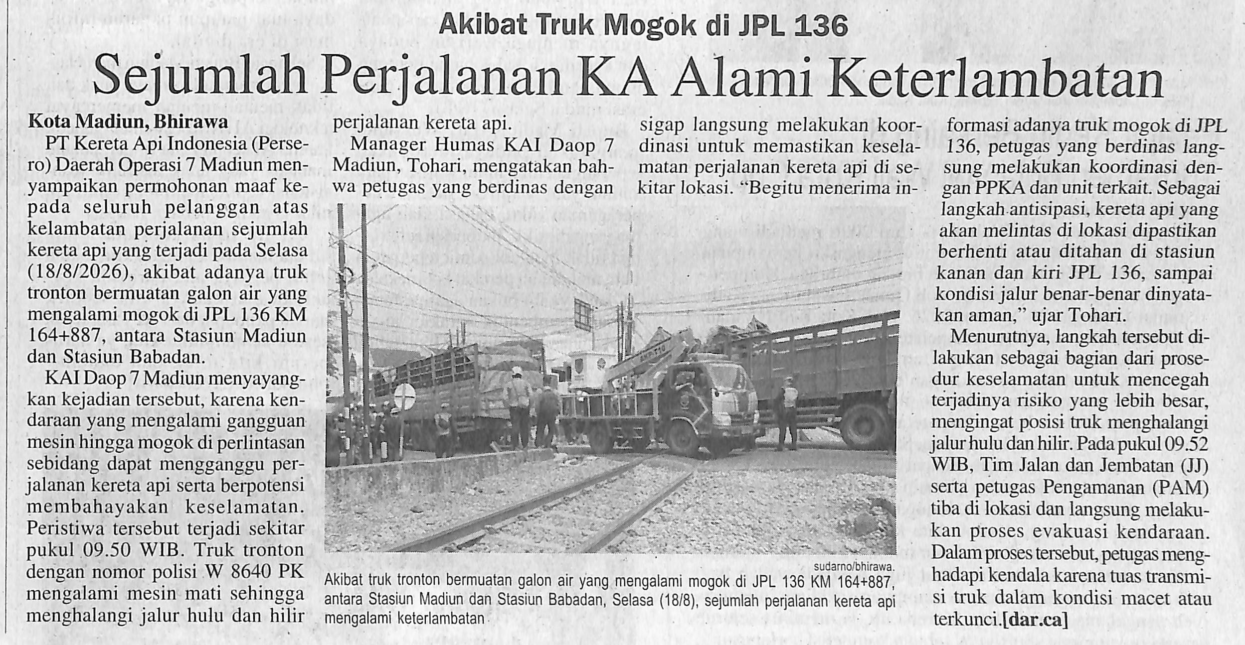 Akibat Truk Mogok di JPL 136, Sejumlah Perjalanan KA Alami Keterlambatan