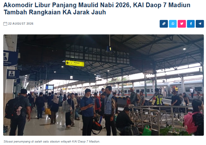 Akomodir Libur Panjang Maulid Nabi 2026, KAI Daop 7 Madiun Tambah Rangkaian KA Jarak Jauh