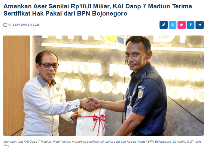 Amankan Aset Senilai Rp10,8 Miliar, KAI Daop 7 Madiun Terima Sertifikat Hak Pakai dari BPN Bojonegoro