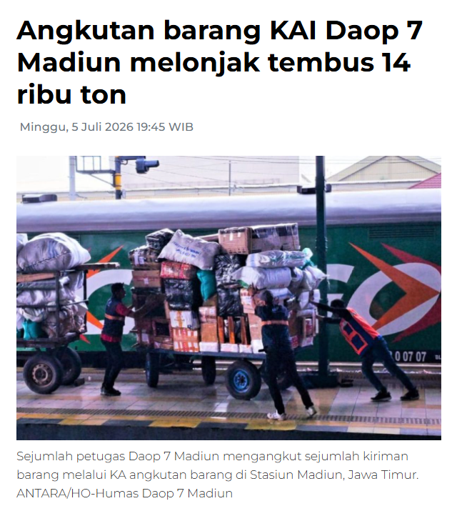 Angkutan barang KAI Daop 7 Madiun melonjak tembus 14 ribu ton