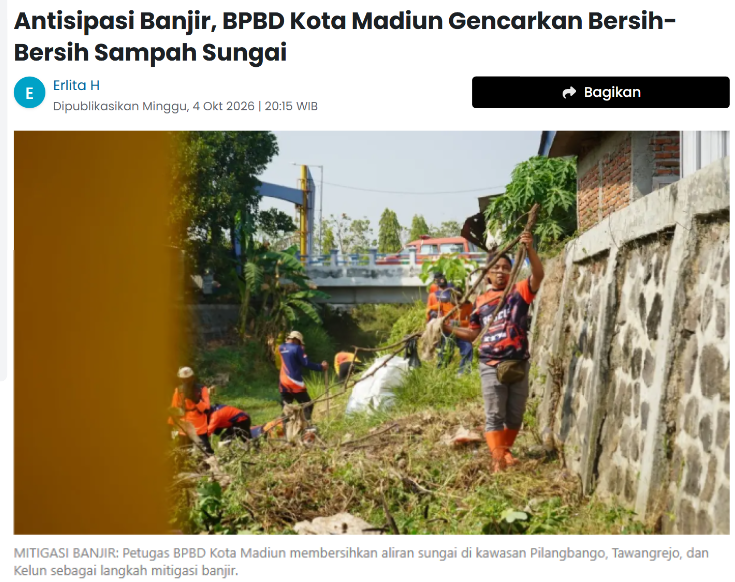 Antisipasi Banjir, BPBD Kota Madiun Gencarkan Bersih-Bersih Sampah Sungai
