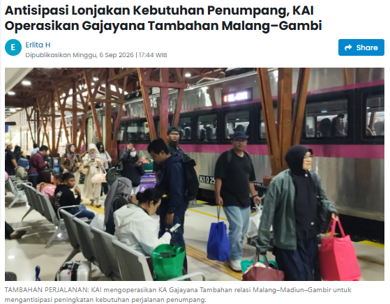 Antisipasi Lonjakan Kebutuhan Penumpang, KAI Operasikan Gajayana Tambahan Malang–Gambi