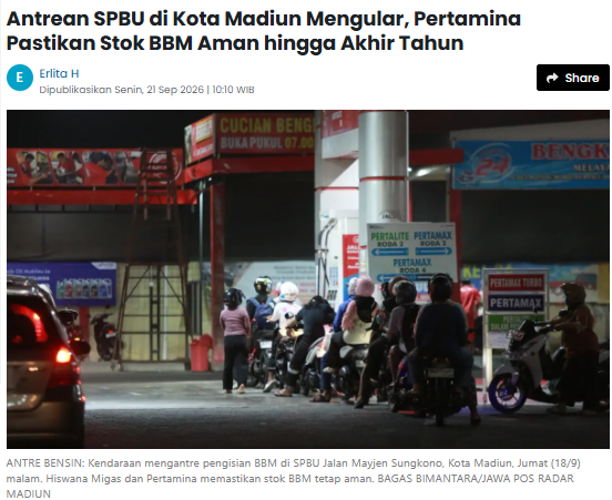 Antrean SPBU di Kota Madiun Mengular, Pertamina Pastikan Stok BBM Aman hingga Akhir Tahun