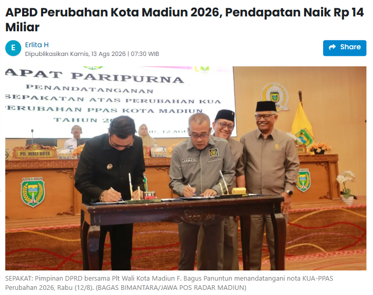 APBD Perubahan Kota Madiun 2026, Pendapatan Naik Rp 14 Miliar