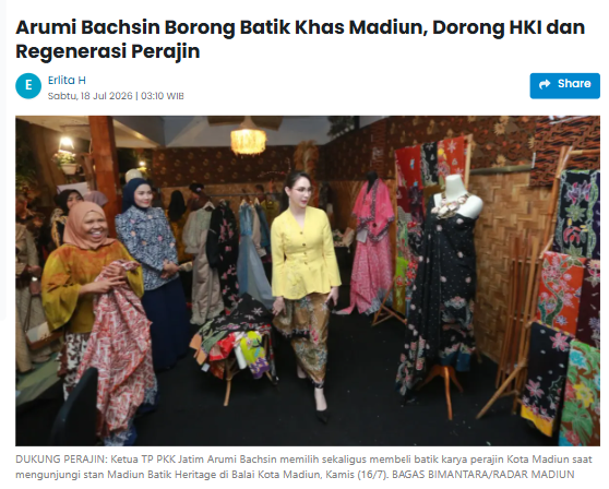 Arumi Bachsin Borong Batik Khas Madiun, Dorong HKI dan Regenerasi Perajin