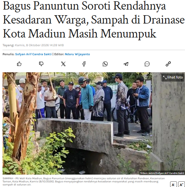 Bagus Panuntun Soroti Rendahnya Kesadaran Warga, Sampah di Drainase Kota Madiun Masih Menumpuk