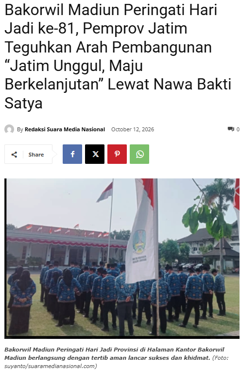 Bakorwil Madiun Peringati Hari Jadi ke-81, Pemprov Jatim Teguhkan Arah Pembangunan “Jatim Unggul, Maju Berkelanjutan” Lewat Nawa Bakti Satya