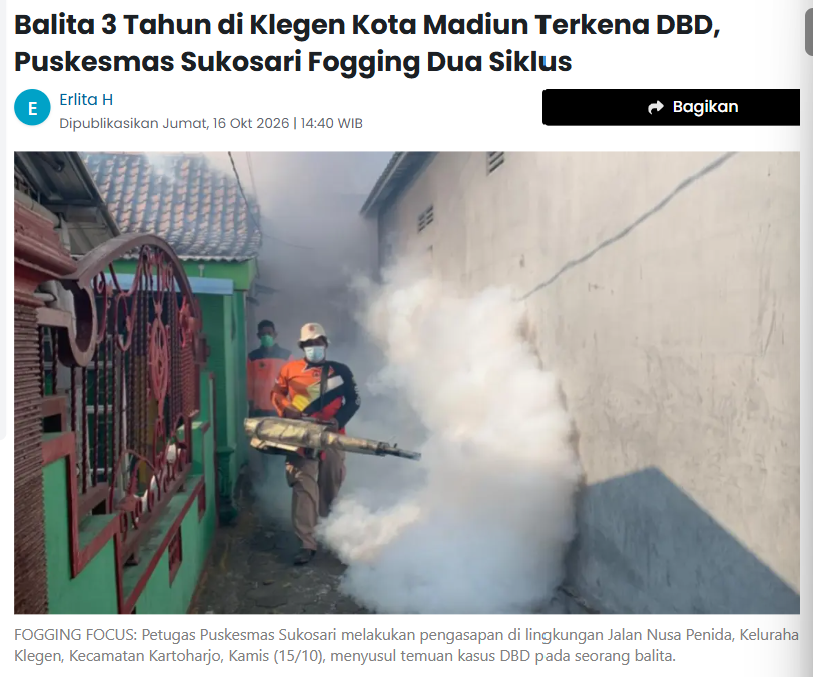 Balita 3 Tahun di Klegen Kota Madiun Terkena DBD, Puskesmas Sukosari Fogging Dua Siklus