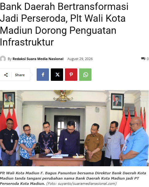 Bank Daerah Bertransformasi Jadi Perseroda, Plt Wali Kota Madiun Dorong Penguatan Infrastruktur