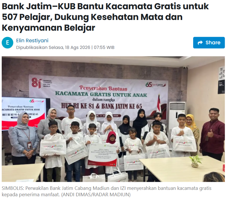 Bank Jatim–KUB Bantu Kacamata Gratis untuk 507 Pelajar, Dukung Kesehatan Mata dan Kenyamanan Belajar