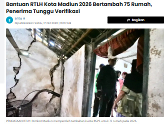 Bantuan RTLH Kota Madiun 2026 Bertambah 75 Rumah, Penerima Tunggu Verifikasi
