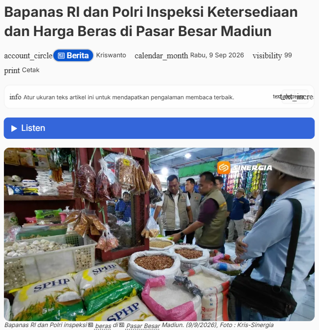 Bapanas RI dan Polri Inspeksi Ketersediaan dan Harga Beras di Pasar Besar Madiun