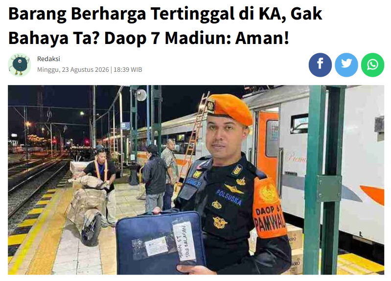 Barang Berharga Tertinggal di KA, Gak Bahaya Ta? Daop 7 Madiun: Aman!