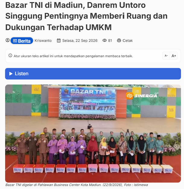 Bazar TNI di Madiun, Danrem Untoro Singgung Pentingnya Memberi Ruang dan Dukungan Terhadap UMKM