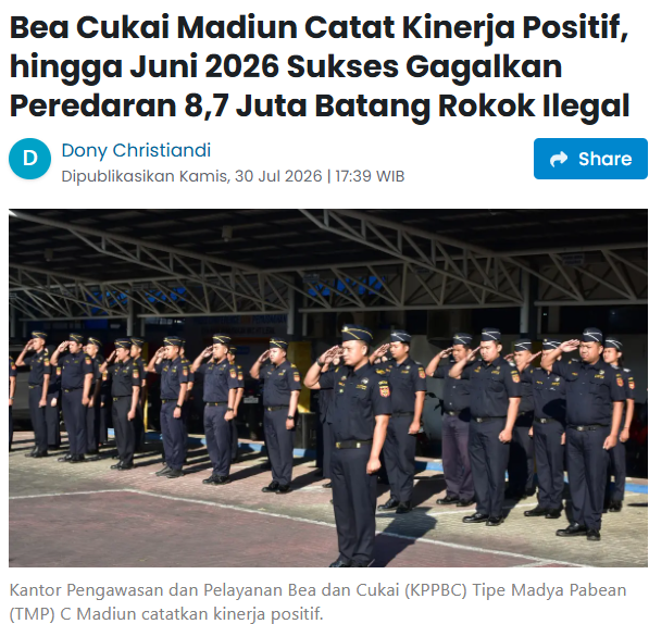 Bea Cukai Madiun Catat Kinerja Positif, hingga Juni 2026 Sukses Gagalkan Peredaran 8,7 Juta Batang Rokok Ilegal