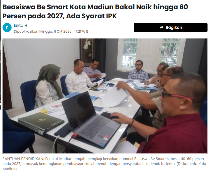 Beasiswa Be Smart Kota Madiun Bakal Naik hingga 60 Persen pada 2027, Ada Syarat IPK