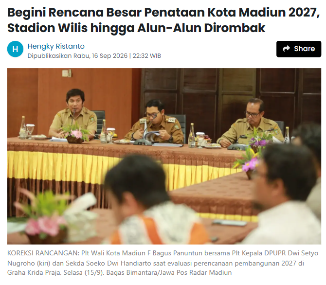 Begini Rencana Besar Penataan Kota Madiun 2027, Stadion Wilis hingga Alun-Alun Dirombak