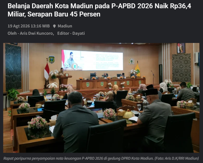 Belanja Daerah Kota Madiun pada P-APBD 2026 Naik Rp36,4 Miliar, Serapan Baru 45 Persen