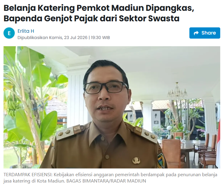 Belanja Katering Pemkot Madiun Dipangkas, Bapenda Genjot Pajak dari Sektor Swasta