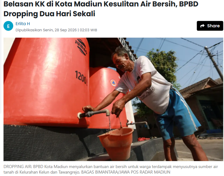 Belasan KK di Kota Madiun Kesulitan Air Bersih, BPBD Dropping Dua Hari Sekali