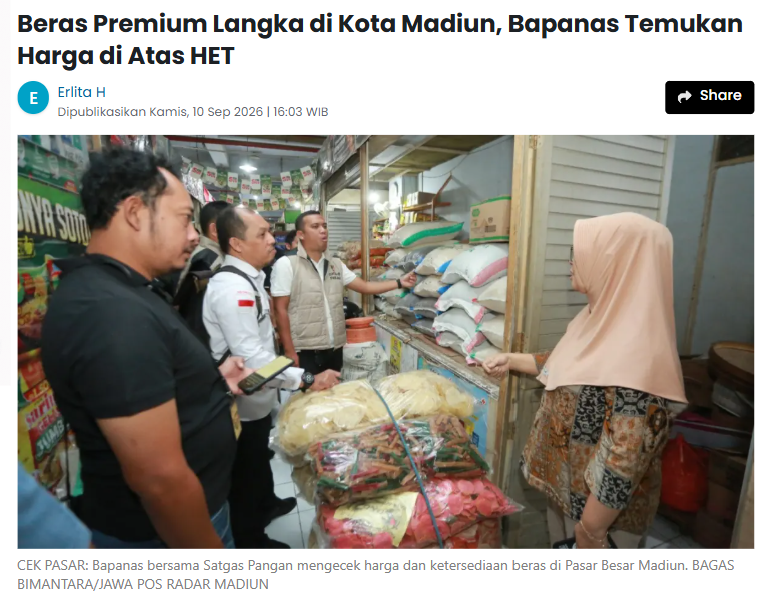 Beras Premium Langka di Kota Madiun, Bapanas Temukan Harga di Atas HET