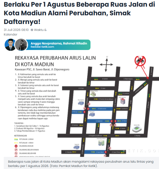 Berlaku Per 1 Agustus Beberapa Ruas Jalan di Kota Madiun Alami Perubahan, Simak Daftarnya!