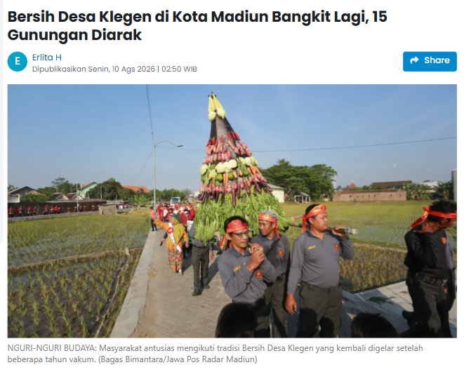 Bersih Desa Klegen di Kota Madiun Bangkit Lagi, 15 Gunungan Diarak