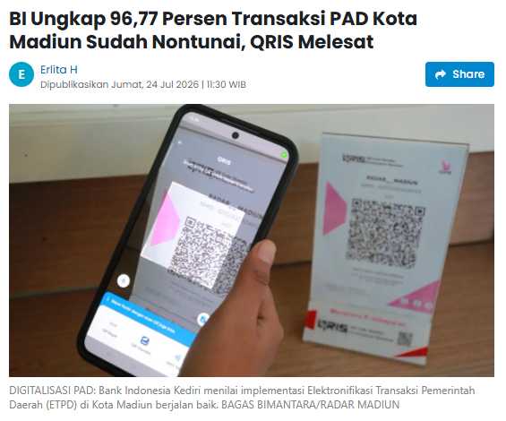 BI Ungkap 96,77 Persen Transaksi PAD Kota Madiun Sudah Nontunai, QRIS Melesat