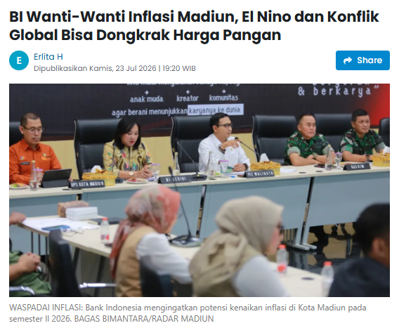 BI Wanti-Wanti Inflasi Madiun, El Nino dan Konflik Global Bisa Dongkrak Harga Pangan