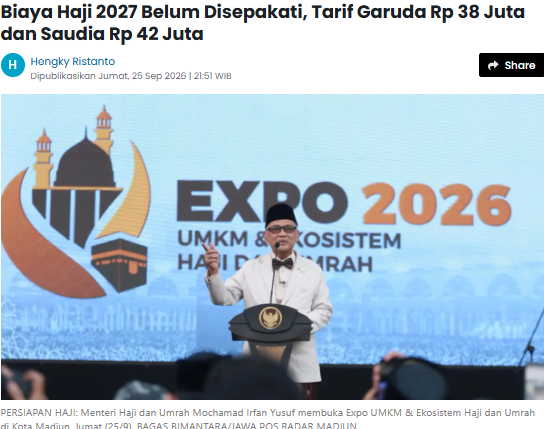 Biaya Haji 2027 Belum Disepakati, Tarif Garuda Rp 38 Juta dan Saudia Rp 42 Juta