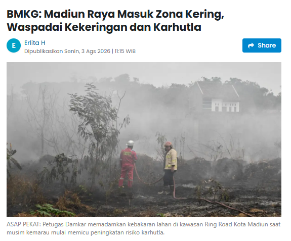 BMKG: Madiun Raya Masuk Zona Kering, Waspadai Kekeringan dan Karhutla