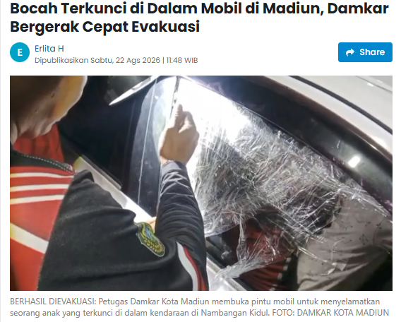 Bocah Terkunci di Dalam Mobil di Madiun, Damkar Bergerak Cepat Evakuasi