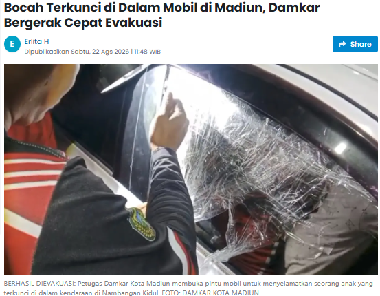 Bocah Terkunci di Dalam Mobil di Madiun, Damkar Bergerak Cepat Evakuasi