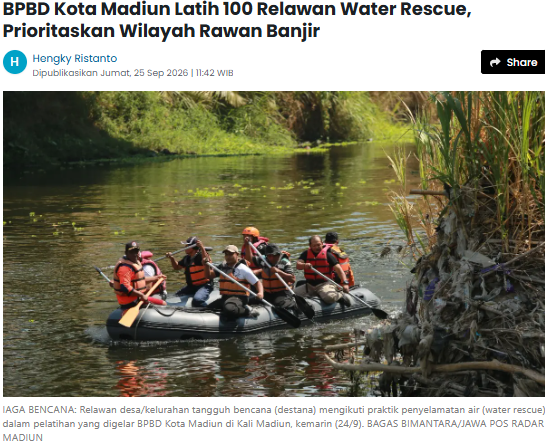 BPBD Kota Madiun Latih 100 Relawan Water Rescue, Prioritaskan Wilayah Rawan Banjir