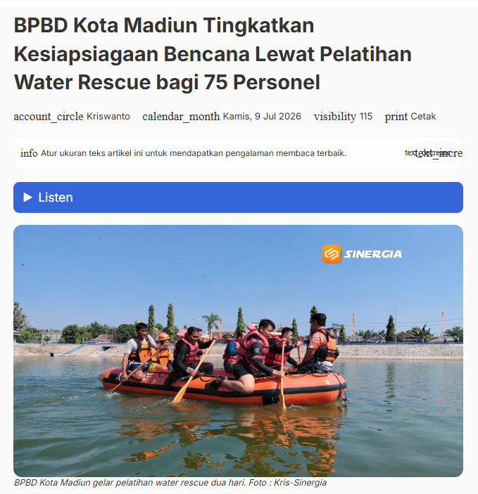 BPBD Kota Madiun Tingkatkan Kesiapsiagaan Bencana Lewat Pelatihan Water Rescue bagi 75 Personel