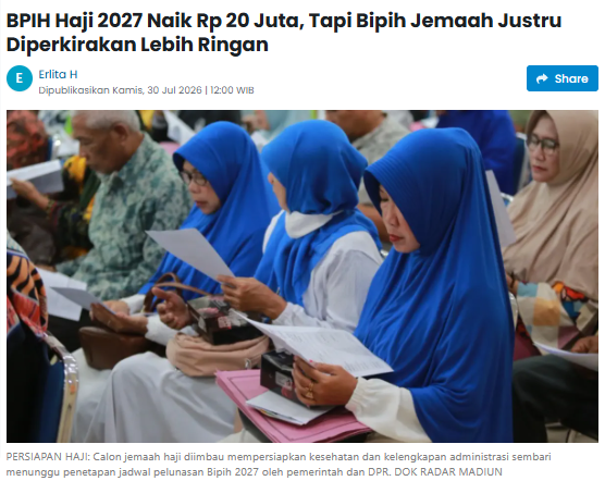 BPIH Haji 2027 Naik Rp 20 Juta, Tapi Bipih Jemaah Justru Diperkirakan Lebih Ringan
